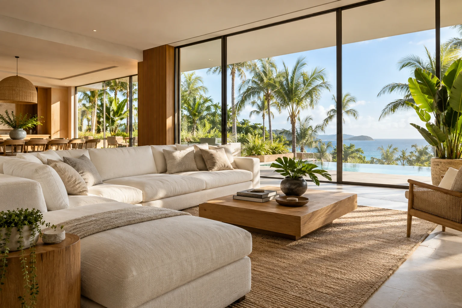 Concept image of a bright coastal living room with oak finishes, a white sofa and palm views